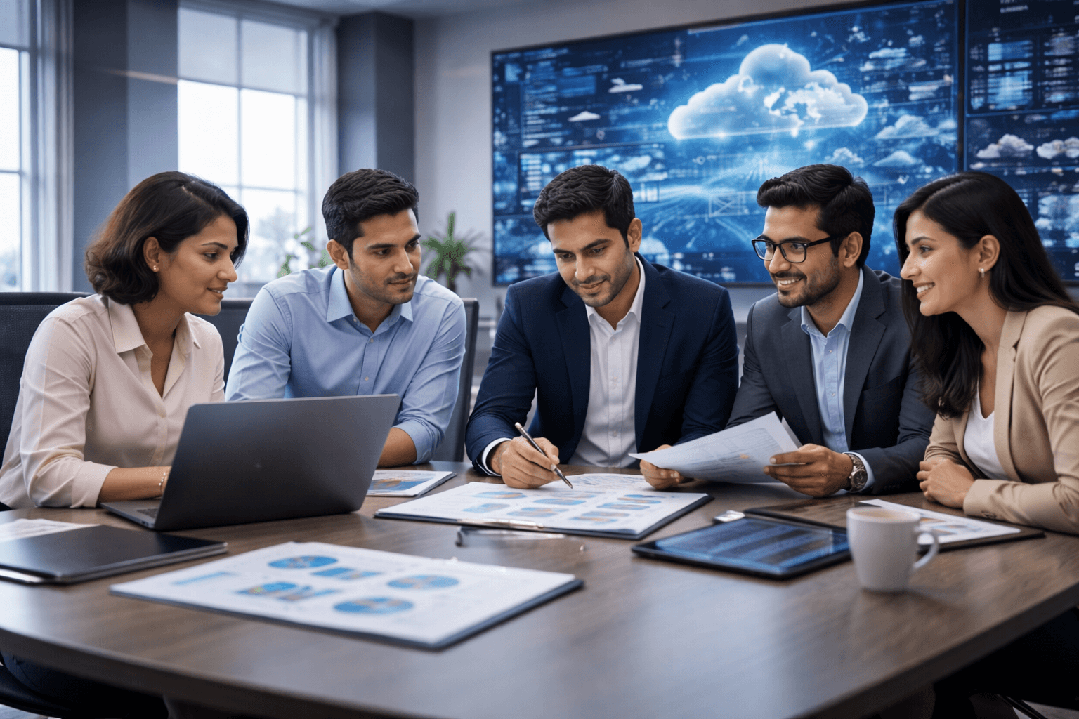 Ascendant Enterprises team reviewing business technology requirements around a laptop in a modern office