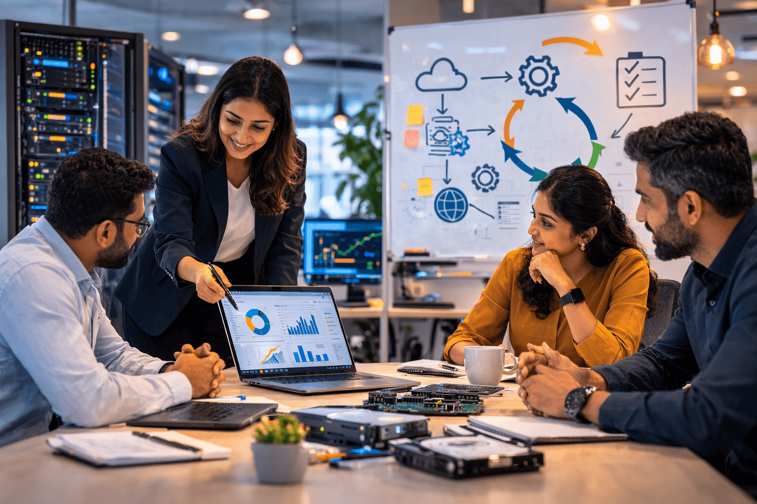 Indian business technology team collaborating in a premium office setting